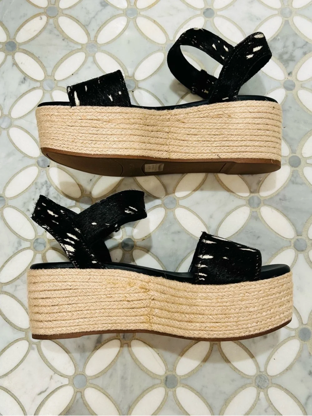Franco Sarto Ben Spotted Calf Hair Leather Platform Jute Espadrille Sandal 8.5